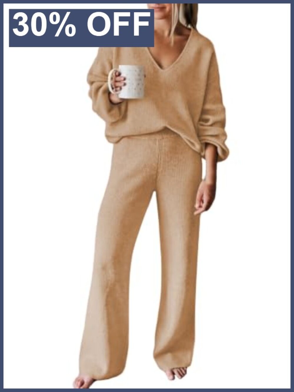 Viscose Polyamide 2 Piece Knit Sweater Set Long Sleeve Top Wide Leg Pants